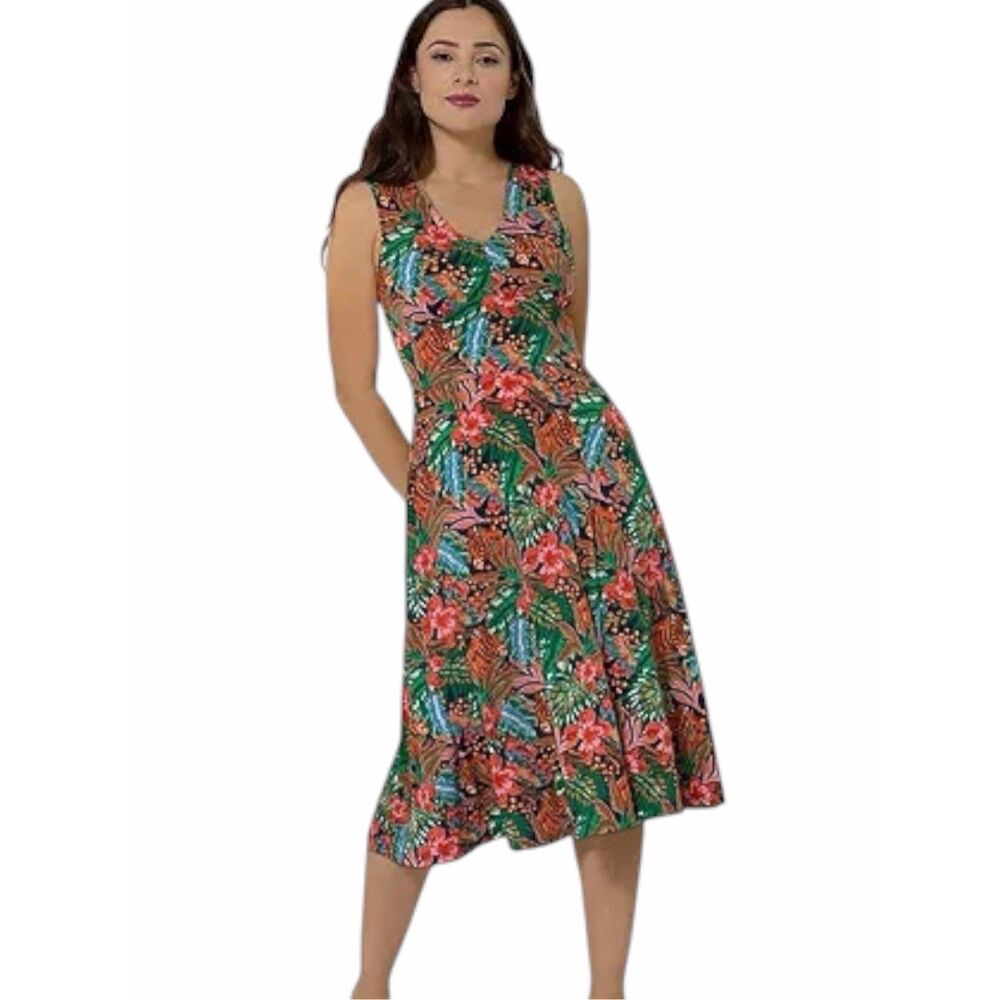 LEOTA Rosemary Tropical Floral Midi Dress Sleeveless V-Neck Fit & Flare Size 2X